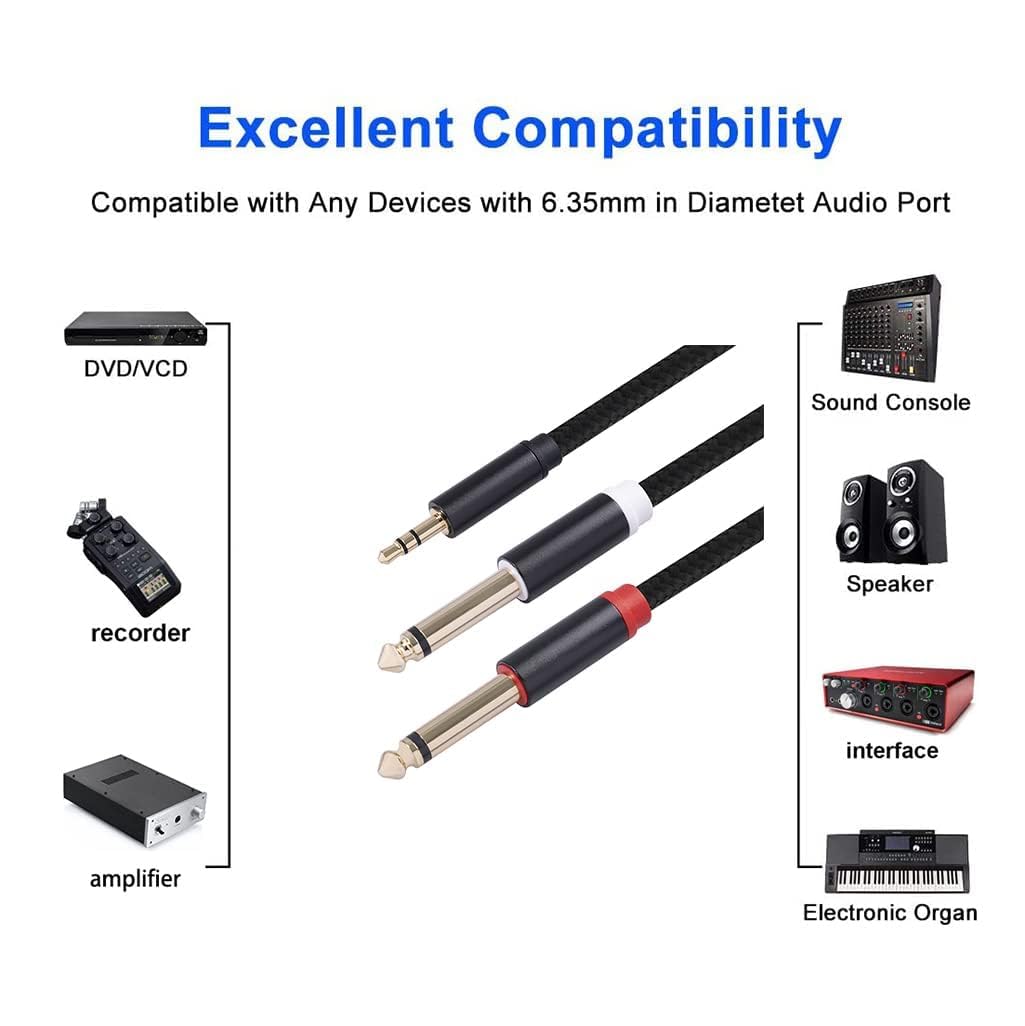 3.5mm to Dual 1/4 Adapter 1/8 to 6.35mm TS Mono Audio Cable Stereo Breakout Cord Y Splitter Compatible with iPhone, iPod, Computer Sound Card, Headphone, Speaker, Home Stereo System (3.3FT/1Pack)