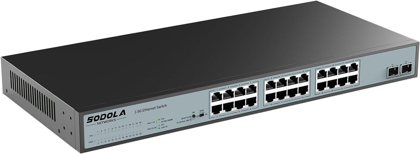 SODOLA 24 Port 2.5Gb Umanaged Switch,24X2.5G Base-T Ports,2X10G SFP, 160Gbps Switching Capacity,Port Isolation,/IU Rack-Mount/Fanless/Plug & Play Multi-Gig Unmanaged Ethernet Switch