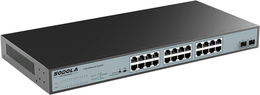 SODOLA 24 Port 2.5Gb Umanaged Switch,24X2.5G Base-T Ports,2X10G SFP, 160Gbps Switching Capacity,Port Isolation,/IU Rack-Mount/Fanless/Plug & Play Multi-Gig Unmanaged Ethernet Switch