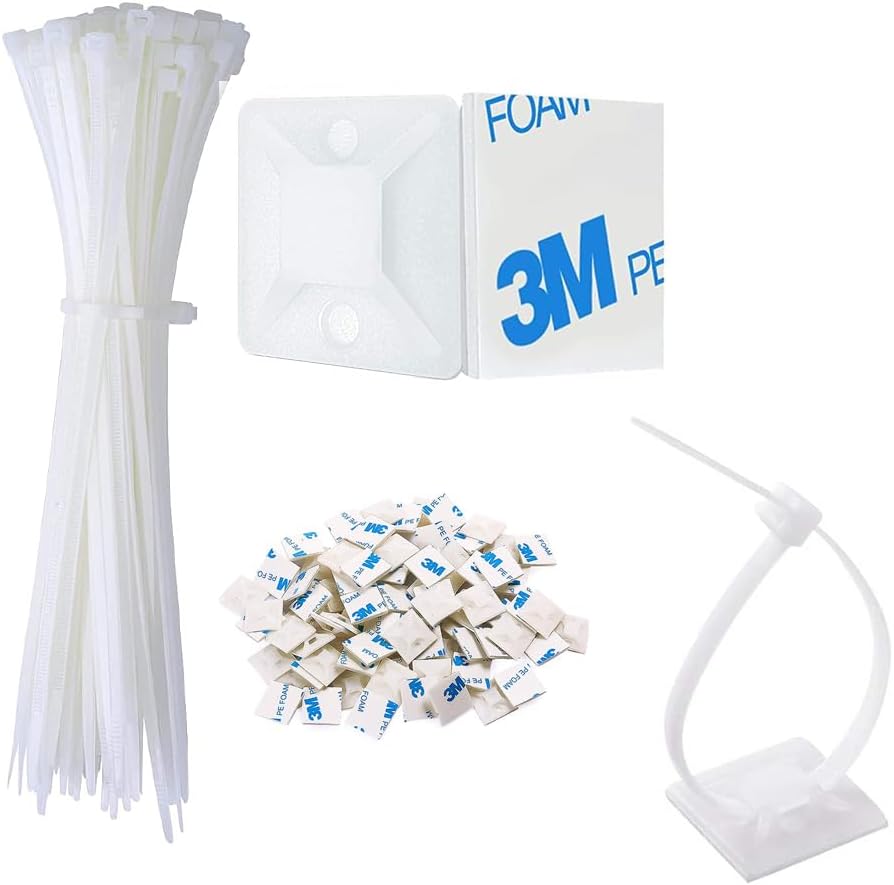 Cable Management Kit - 100 Set Adhesive Cable Zip Tie Mounts with 8" Zip Ties | UV Resistant Wire Organizers for Indoor/Outdoor Use - White