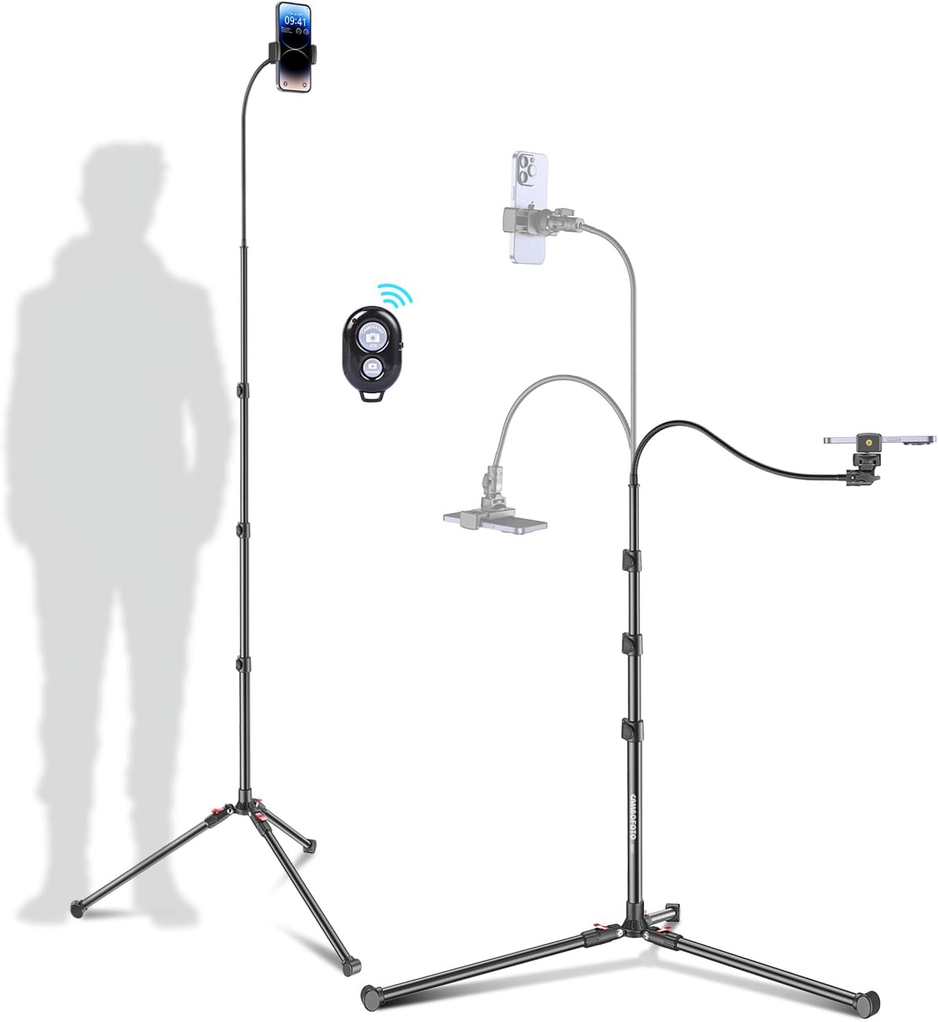 87" Phone Tripod, Overhead Flexible Tall Tripod Stand with Remote, Selfie Stick, Compatible with iPhone, 15.7" Gooseneck/Adjustable 360 Head, Gopro/Ring Light/Webcam/Video Recording/Vlogging