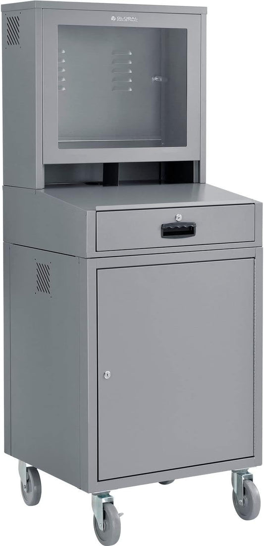 Global Industrial Mobile Security LCD Computer Cabinet Enclosure for 24" Diagonal Monitors, Steel Construction, Gray Powder Coat Finish, 24-1/2"W x 22-1/2"D x 62-3/4"H