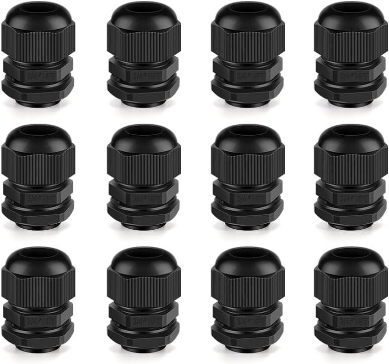 Cable Gland 12 Pack 3/4" NPT Waterproof Adjustable Connector Strain Relief Cord Connectors Joints Nylon with Gaskets…