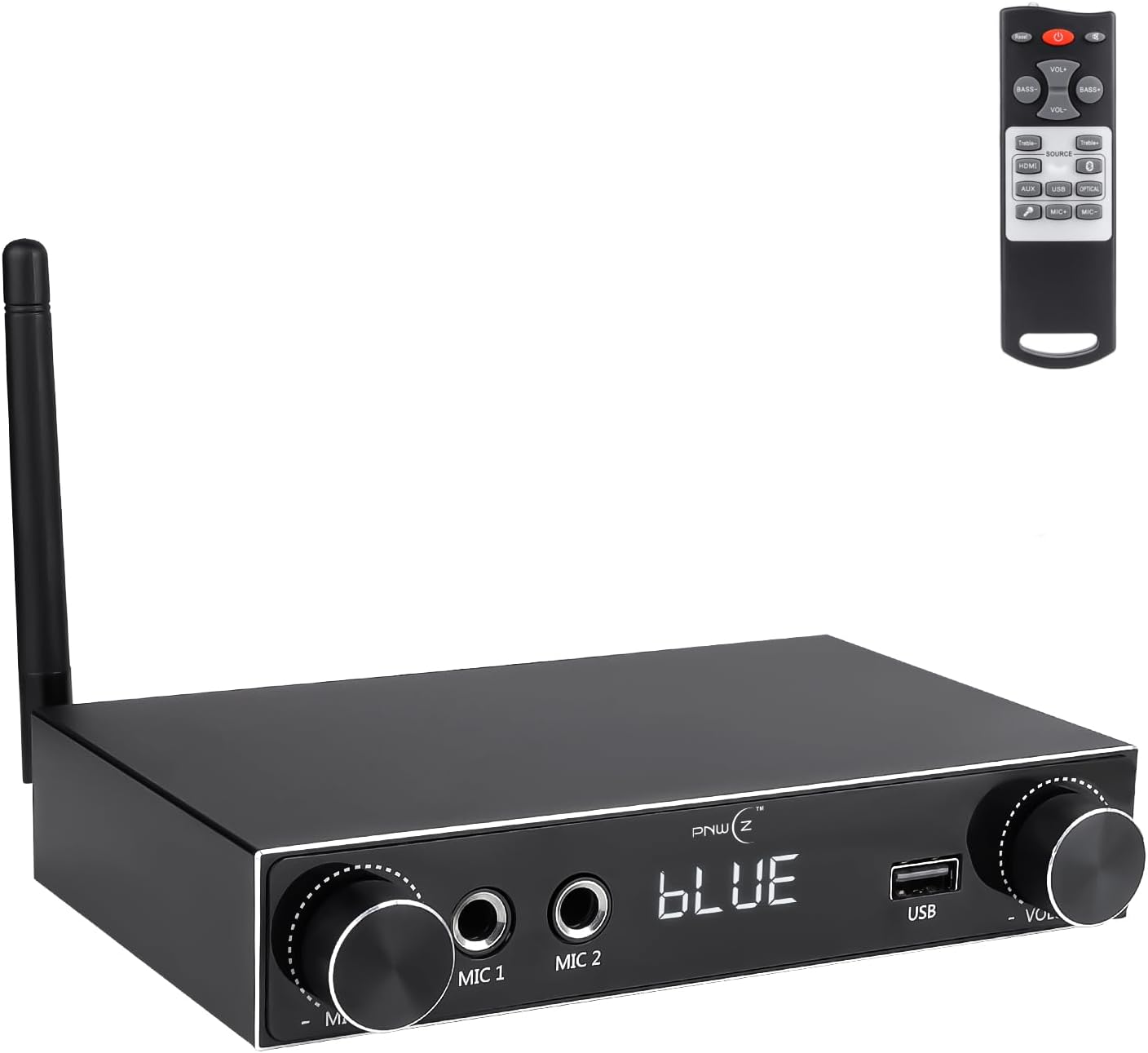 5.3 Bluetooth Audio Amplifier 2-Channel Stereo Hi-Fi Amplifier with Optical/Bluetooth/USB/HDMI/AUX, Dual Microphone Channels for Home Theater/Speakers/TV Sound System