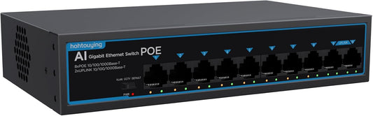 8 Port Gigabit PoE Switch with 2 Gigabit Uplink, 1000Mbps, 802.3af/at, 120W Built-in Power, Vlan, Unmanaged Metal Plug and Play,Ideal for NVR and Power Over Ethernet IP Cameras