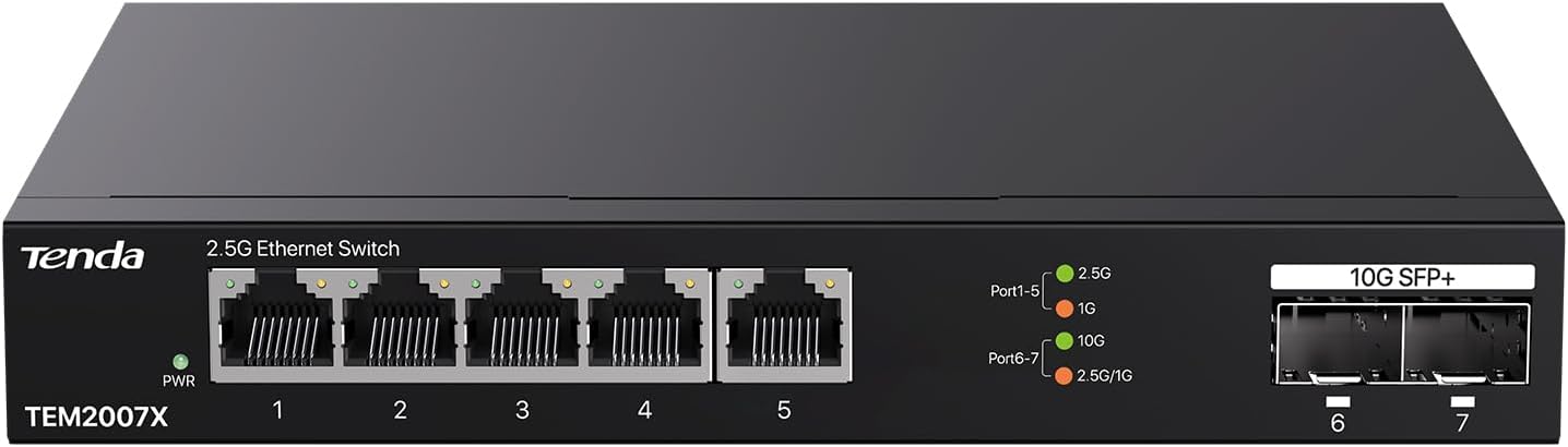 Tenda TEM2007X, 5 Port 2.5G Ethernet Switch, Unmanaged 2.5Gb Switch with 5 x 2.5G Ports & 2 x 10Gb SFP+ Slots, 50Gbps Switching Capacity, Plug & Play, Desktop/ Wall-Mount, Fanless Metal Design