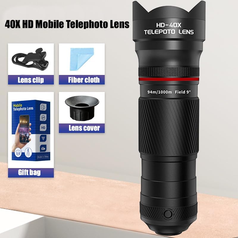 40X Telephoto Lens for iPhone Android Phones, 2-in-1 Mobile Phone Camera Lens Kit with Universal Clip, HD Magnifier for Smartphone Photography - Compatible with All Smartphones
