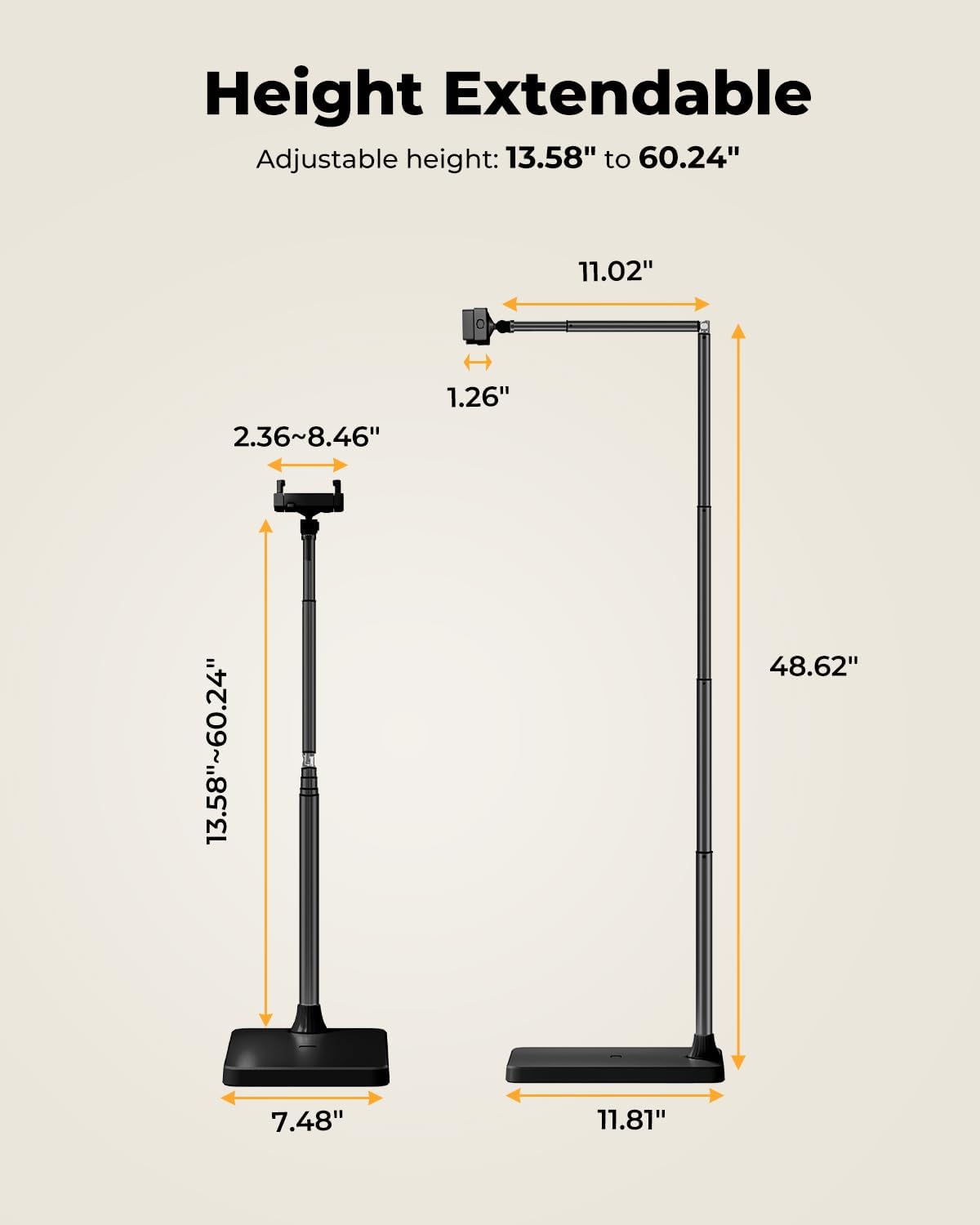 Extended Tablet Floor Stand, 360 Rotating Adjustable iPad Floor Holder with Long Flexible Arm, Compatible with 4-13" Devices, Stand for Bedside, Sofaside, Table, Desk (Black)