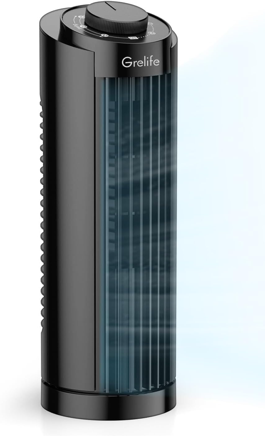 Grelife Tower Fan with Remote Control, Fast Cooling Desktop Fan, 90° Oscillation, 3 Speeds, 3 Wind Modes, Touch Screen, Auto Timer, Ideal for Home, Office Bedroom