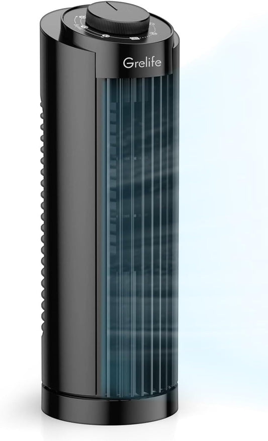 Grelife Tower Fan with Remote Control, Fast Cooling Desktop Fan, 90° Oscillation, 3 Speeds, 3 Wind Modes, Touch Screen, Auto Timer, Ideal for Home, Office Bedroom