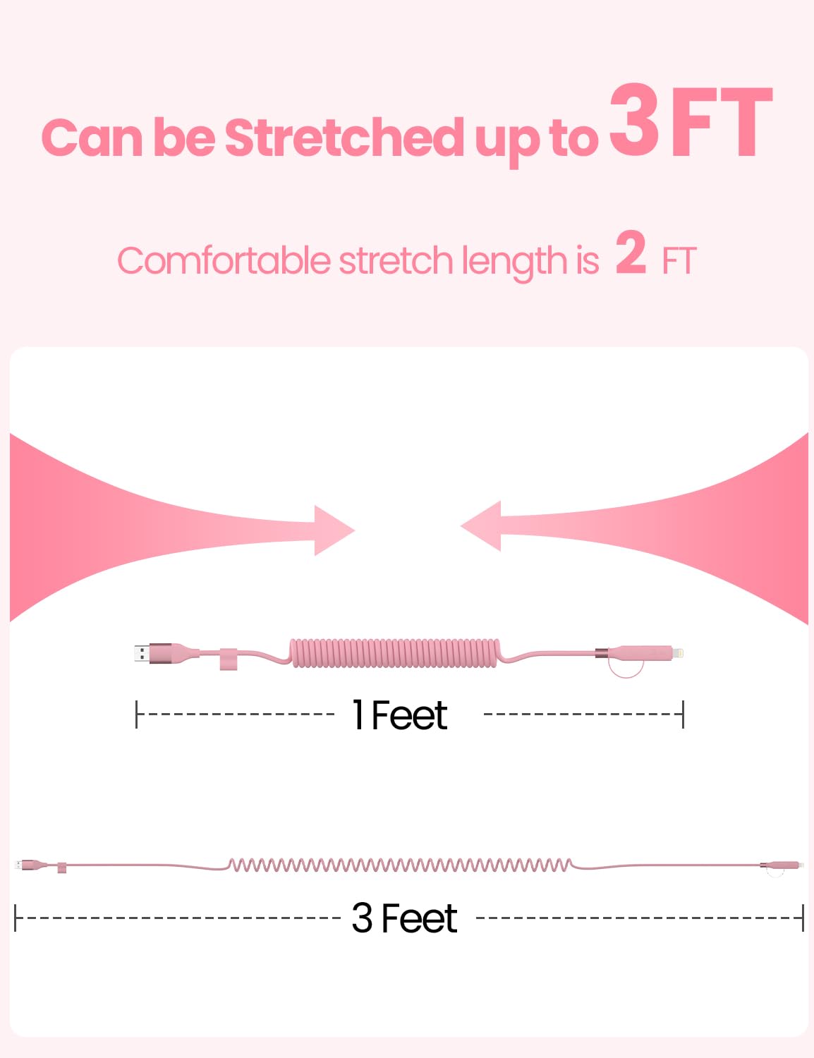 Coiled USB-C and Lightning Cable 2-in-1, 3FT Pink iPhone 15 16 Car Charger Cord, 60W Fast Charging Cable for iPhone 17, Samsung Galaxy, Cute Pink Car Accessories Supports Apple CarPlay & Android Auto