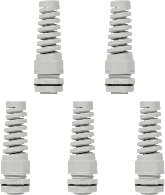 LeMotech 5Pcs NPT 1/2" IP68 Waterproof Cable Gland Flex Spiral Strain Relief Grey Nylon Joint with Gaskets for 6-12mm Wire Thread