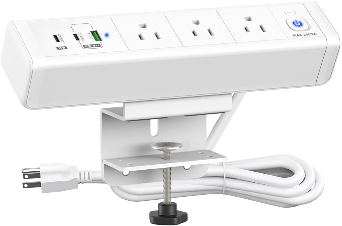 Desk Clamp Power Strip with 65W USB-C&USB A Ports 3 AC Outlet, Nightstand Edge Mount Charging Station Power Strip with USB-C Ports Tabletop Surge Protector for Home Office, Dorm Room(White)