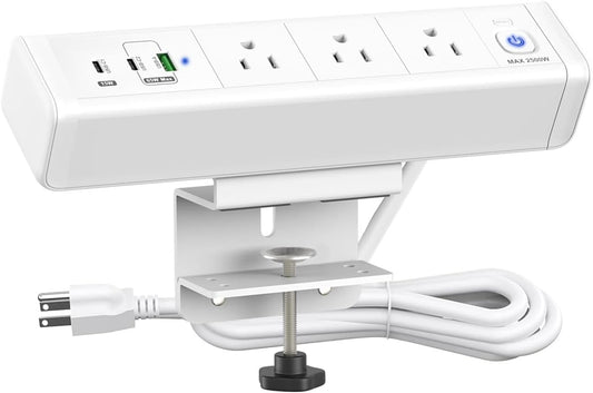 Desk Clamp Power Strip with 65W USB-C&USB A Ports 3 AC Outlet, Nightstand Edge Mount Charging Station Power Strip with USB-C Ports Tabletop Surge Protector for Home Office, Dorm Room(White)