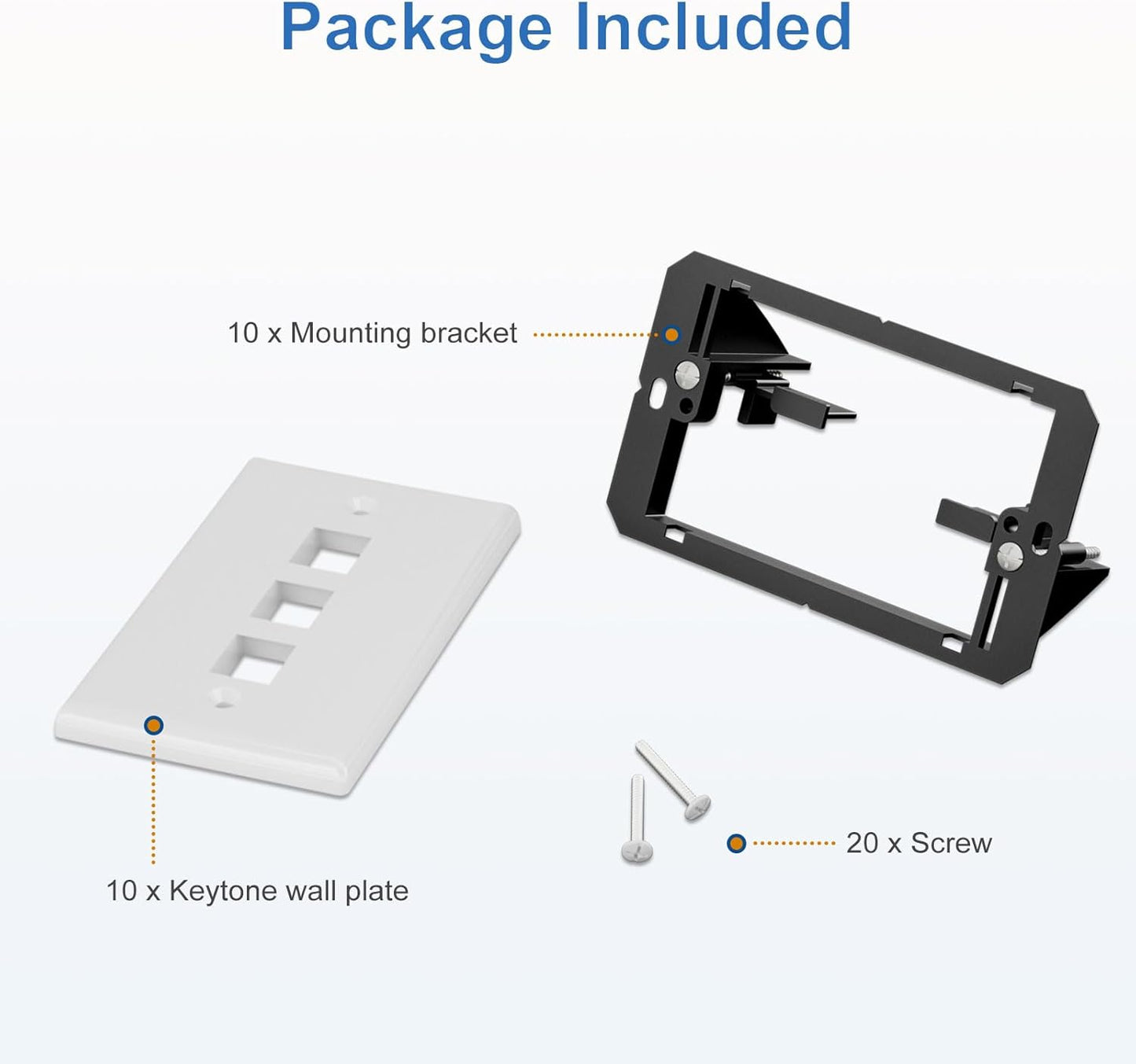 FGB 3-Port Keystone Wall Plate, with Low Voltage Mounting Bracket, with Single Gang Decorator Wall for RJ45, HDMI, and Coax Keystone Inserts, White, 10-Pack