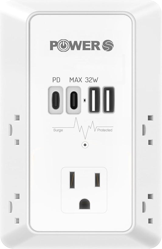 20W PD Fast Charging Wall Outlet with USB Ports (2C2A), Electrical Outlet Extender, Surge Protector, Wall Plug Adapter for Multiple Devices, Wall Socket Expander