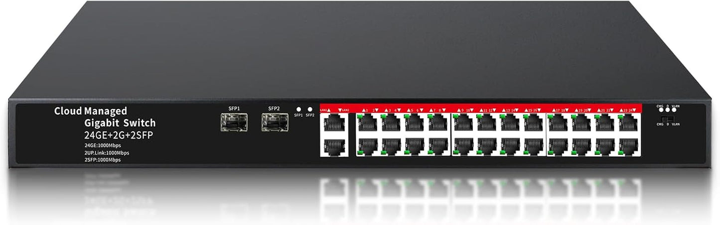 STEAMEMO 26-Port Gigabit Ethernet Switch | Smart Managed with 2 SFP Slots | QoS & VLAN Support | Rackmount/Desktop Metal Network Switch | Plug & Play Setup(Includes Power Adapter)