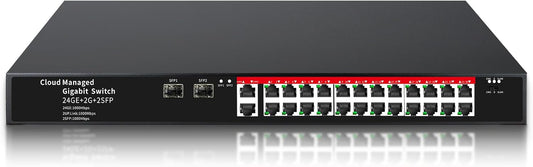 STEAMEMO 26-Port Gigabit Ethernet Switch | Smart Managed with 2 SFP Slots | QoS & VLAN Support | Rackmount/Desktop Metal Network Switch | Plug & Play Setup(Includes Power Adapter)