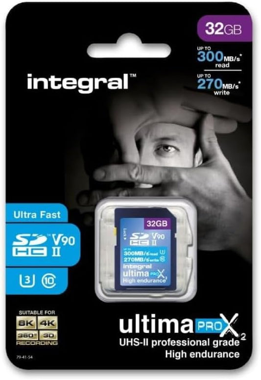 Integral 32GB UHS-II SD Card V90 Up to 300MBs Read and 270MBs Write Speed 1866X SDHC Professional High Speed Memory Card