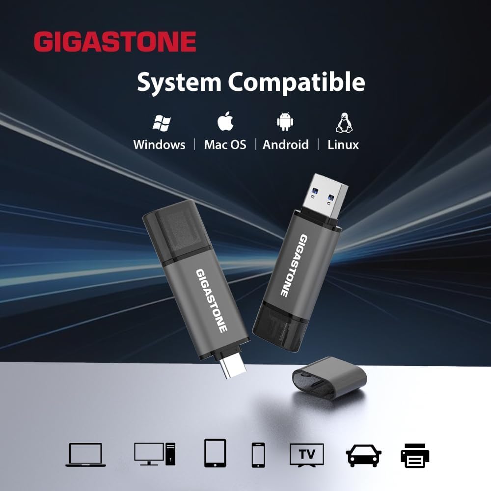 GIGASTONE 128GB Dual Flash Drive (5 Pack) Z40 USB 3.2 Gen 1, 2-in-1 Type-A & Type-C, 100MB/s Ultra Fast, Head Cap Design, Plug & Play for Smartphone/PC/Mac/TV/Car Audio, USB 2.0/3.0/3.1 Compatible
