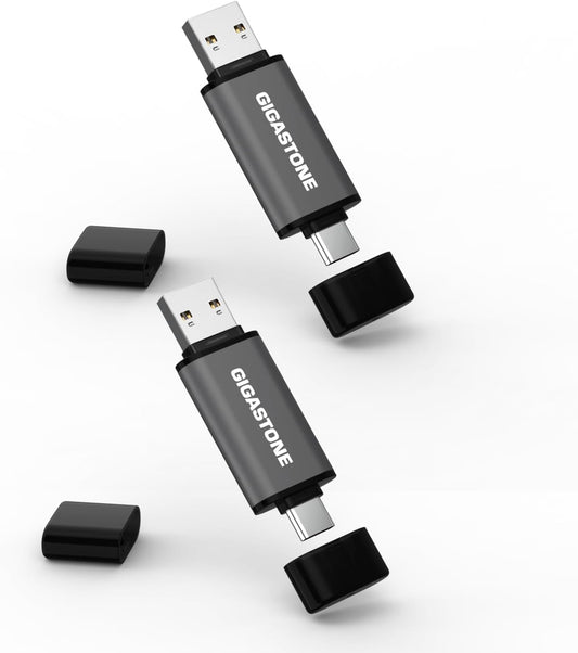 GIGASTONE 128GB Dual Flash Drive (2 Pack) Z40 USB 3.2 Gen 1, 2-in-1 Type-A & Type-C, 100MB/s Ultra Fast, Head Cap Design, Plug & Play for Smartphone/PC/Mac/TV/Car Audio, USB 2.0/3.0/3.1 Compatible
