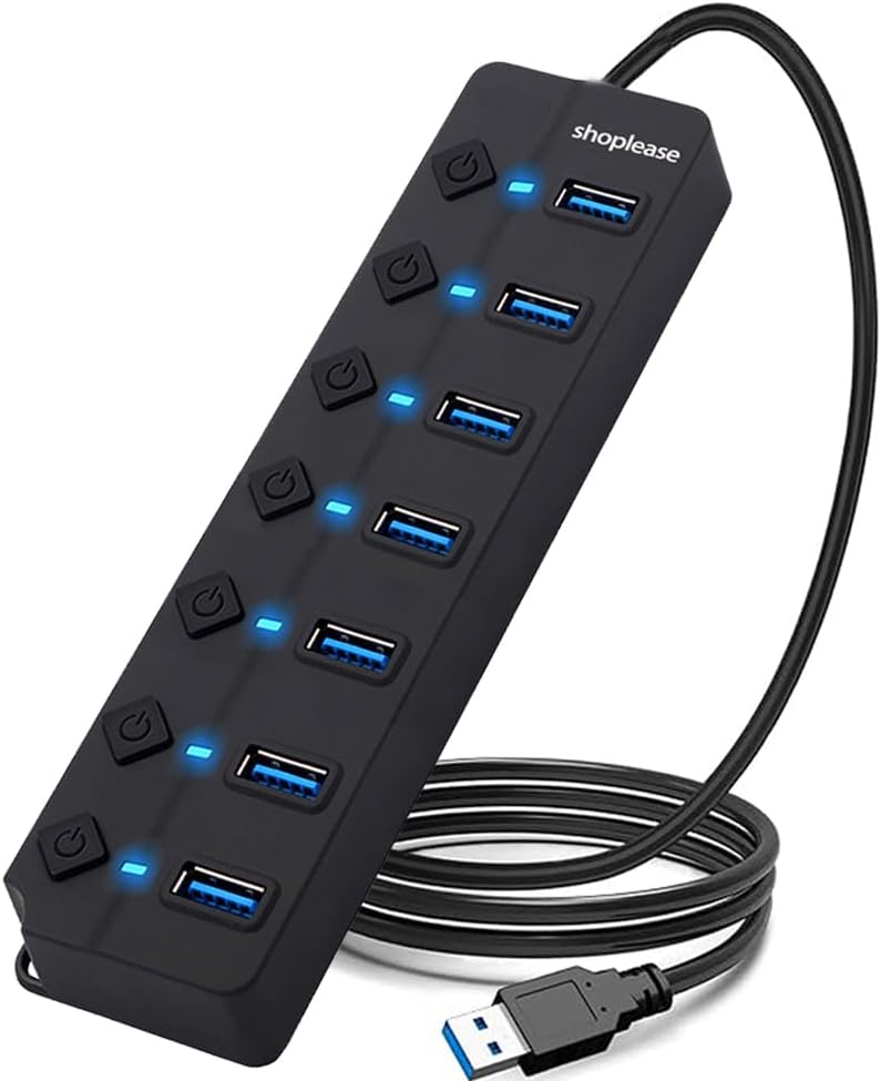 7-Port USB 3.0 Hub with Individual Power Switches and Lights, High-Speed Data Hub Splitter Portable USB Extension Hub with 120 cm Cable for PC Laptop and Others