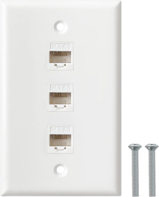 Ethernet Wall Plate, 3 Port Cat6 RJ45 Keystone Inline Coupler Wall Plate for Cat7/6/5/5e Ethernet Devices - White