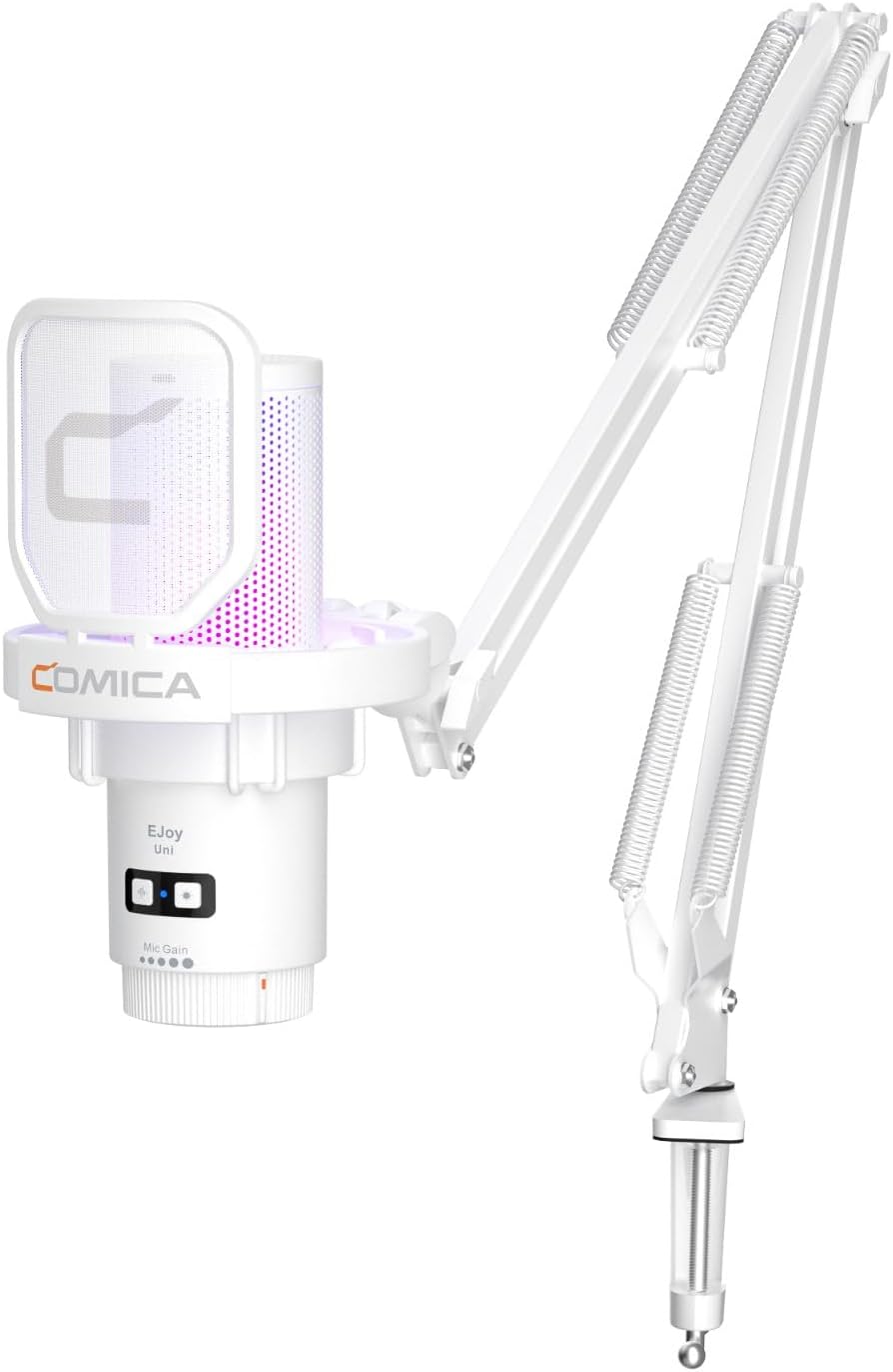 COMICA EJoy Uni A USB Microphone for Computer and Smartphone,RGB Cardioid Condenser Gaming Mic for Podcasting,Streaming,Recording,Music Creation,with Boom Arm Stand-White