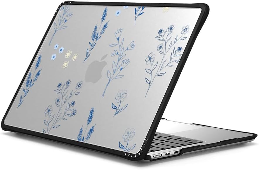CASETiFY Impact MacBook Air 13.6" (M2-M4) Case [Cushioned Impact Corners/Scratch-Resistant/Anti-Slip Grip] - Small Blue Flowers - Clear Black