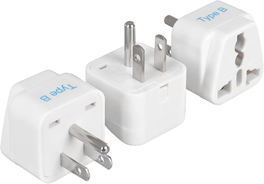 Ceptics Europe to US plug adapter, Type B USA Plug adapter compatible with plugs from Europe, India, and other countries - India to USA plug adapter is CE Certified & RoHS Compliant, White, 3 Pack