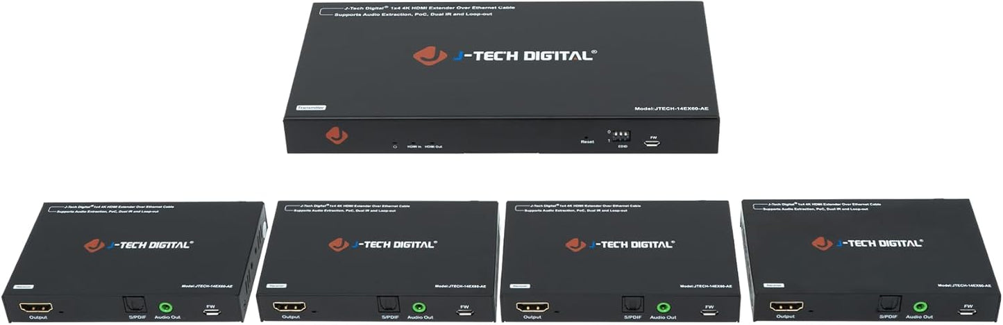 J-Tech Digital HDMI Extender Splitter 4K 60Hz 1 in 4 Out Over Single Cat5e/6 Ethernet Cable Up to 196ft. Supports 4K Downscale Audio Extraction PoC EDID Switch by [JTECH-14EX60-AE]