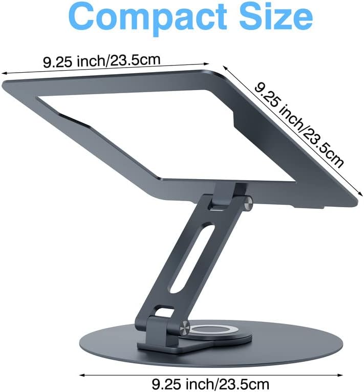 Swivel Laptop Stand for Desk, Adjustable Height Aluminum Computer Stand with 360 Rotating Base, Foldable Ergonomic Riser, Portable Laptop Holder Compatible with MacBook, All Laptops 10-17'', Grey