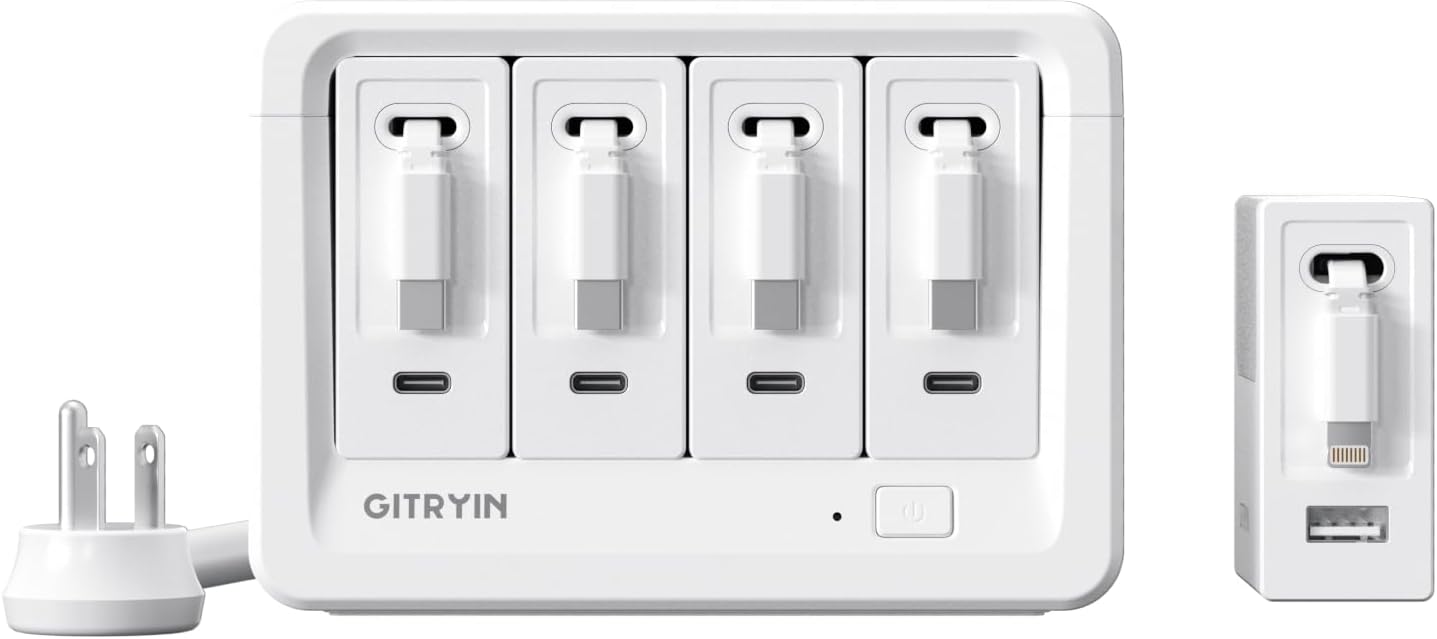 Gitryin 1 Lightning Retractable Wall Charger and 12-in-1 Desktop Charging Station with 4 Type-C Retractable Wall Chargers