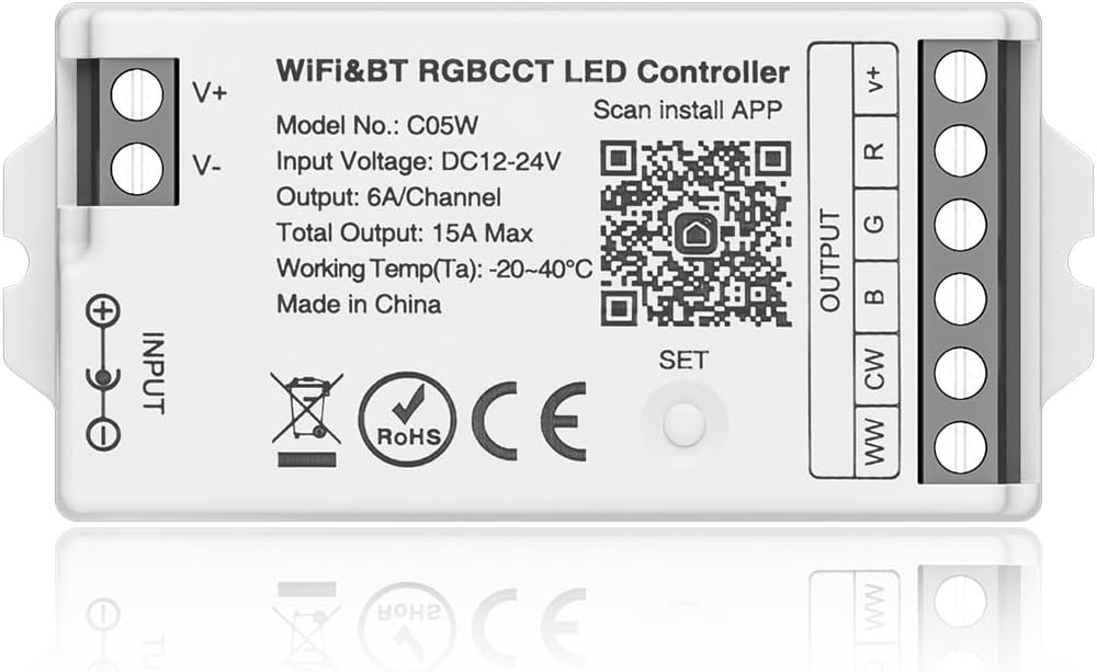 BTF-LIGHTING C05W RGBCCT PWM SMD FCOB (+ R G B C W) 6PIN LED Strip 2.4GHz Tuya WiFi Group Controller Alexa Google Home Control Match with WR01RF RC03RFB RC04RFB RC05RFB Remote