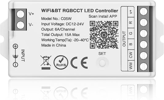 BTF-LIGHTING C05W RGBCCT PWM SMD FCOB (+ R G B C W) 6PIN LED Strip 2.4GHz Tuya WiFi Group Controller Alexa Google Home Control Match with WR01RF RC03RFB RC04RFB RC05RFB Remote