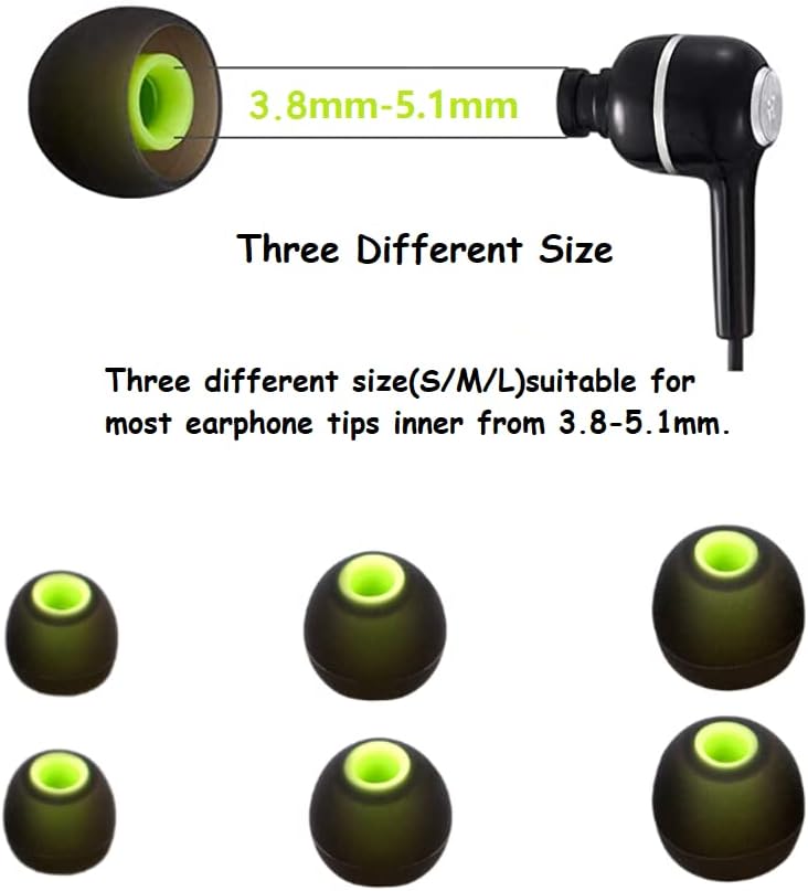 Earbuds Replacement Tips Silicone Earbud Tips Ear Gels Fit for Inner Hole from 3.8mm - 5.1mm Earphones 9 Pairs S/M/L Black-Green