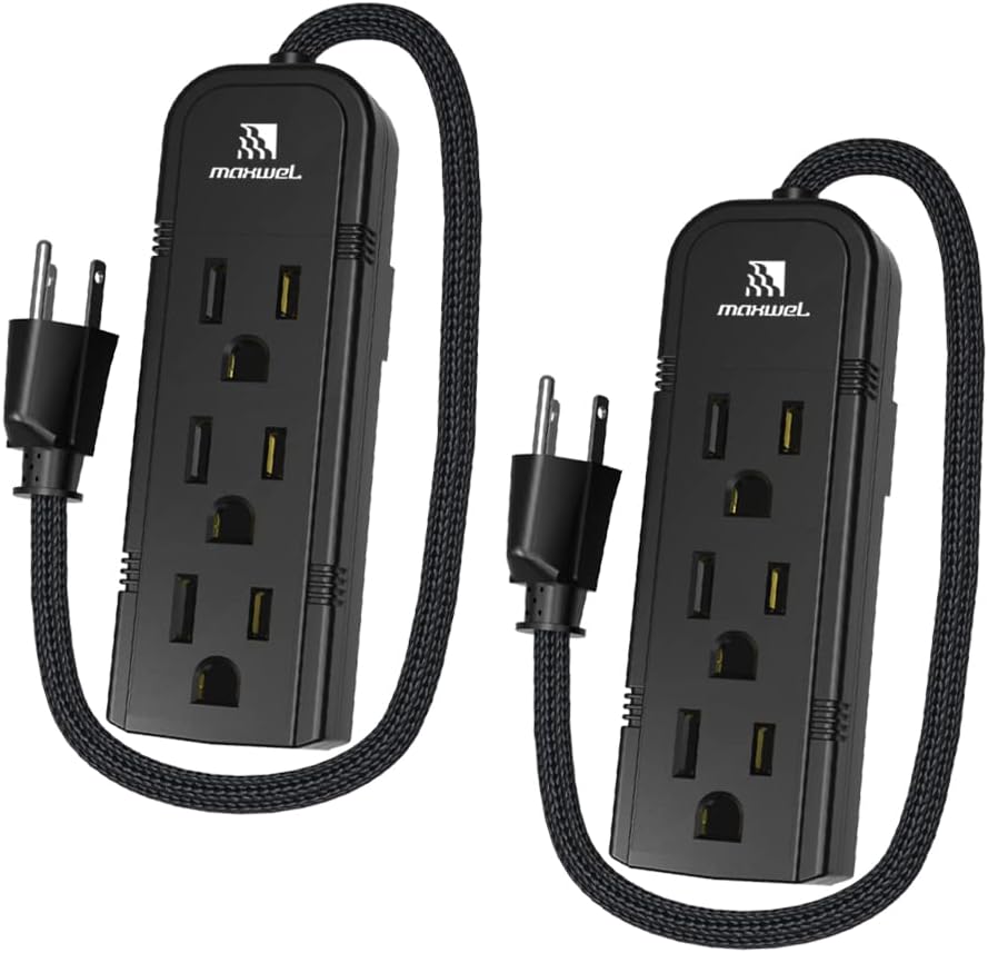 2Pack Small Power Strip Black Outlet - 1FT Heavy Duty Power Extension Cord, Mini Size Portable 3 Outlet Power Strip for Office,Computer,Home Accessories,Travel,ETL Listed (13a/125v/60hz/1625w)
