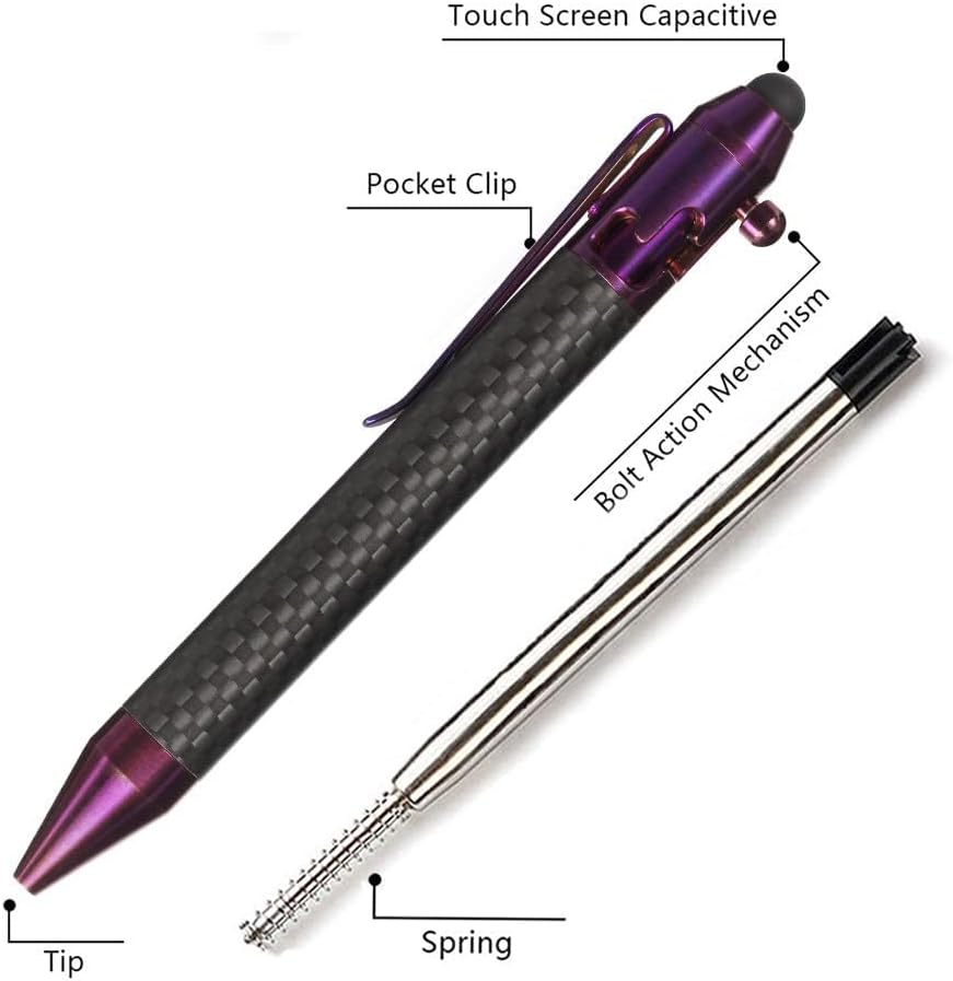 Cool Hand 4.9'' Carbon Fiber Bolt Action Pen with Retractable Stylus Tip for Any Touch Screen, Ballpoint Ink Refillable, Compact Size, Skelton Out Deep Pocket Clip (Carbon Fiber Purple)