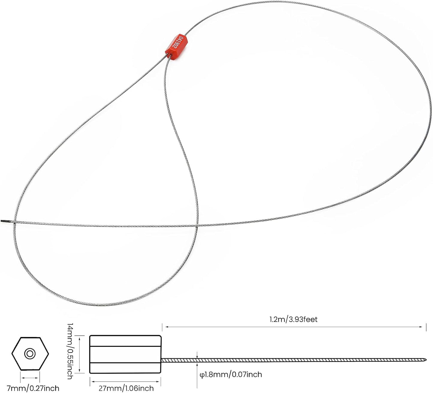 3.9 Feet Steel Wire Cable Seals Tamper Resistant Security Seal Tags Numbered Self-Locking Safety Seals Length 1.2m (Pack of 100pcs, Red)