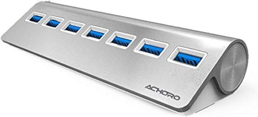 Achoro 7 Ports USB 3.0 Hub - Triangle Aluminum Alloy - High-Speed USB Port Expander - Compatible with PC, iMac, MacBook, Windows, Desktop, and More – Computer Multiple USB HUB (Silver)
