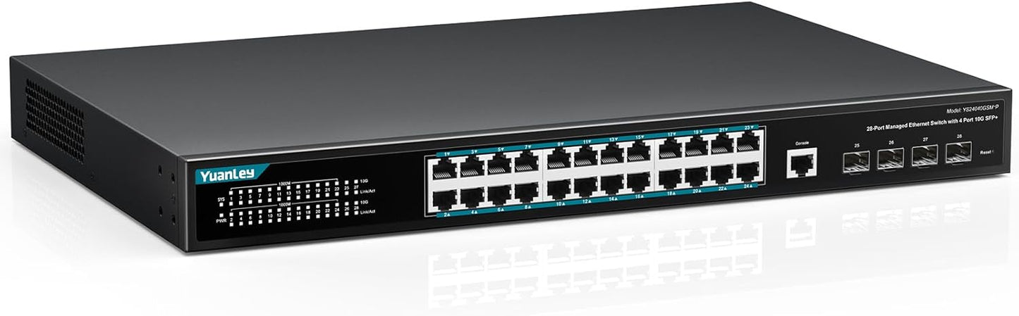 YuanLey 28 Port Gigabit Managed PoE Switch with 24 10/100/1000Mbps PoE+ Ports, 4X 10Gbps SFP+, L3 Smart Managment Ethernet Switch, VLAN, QoS, ACL, SSL, Fanless, Rackmount Network Switch