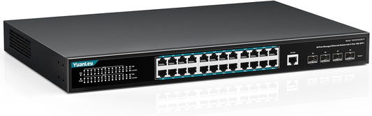 YuanLey 28 Port Gigabit Managed PoE Switch with 24 10/100/1000Mbps PoE+ Ports, 4X 10Gbps SFP+, L3 Smart Managment Ethernet Switch, VLAN, QoS, ACL, SSL, Fanless, Rackmount Network Switch