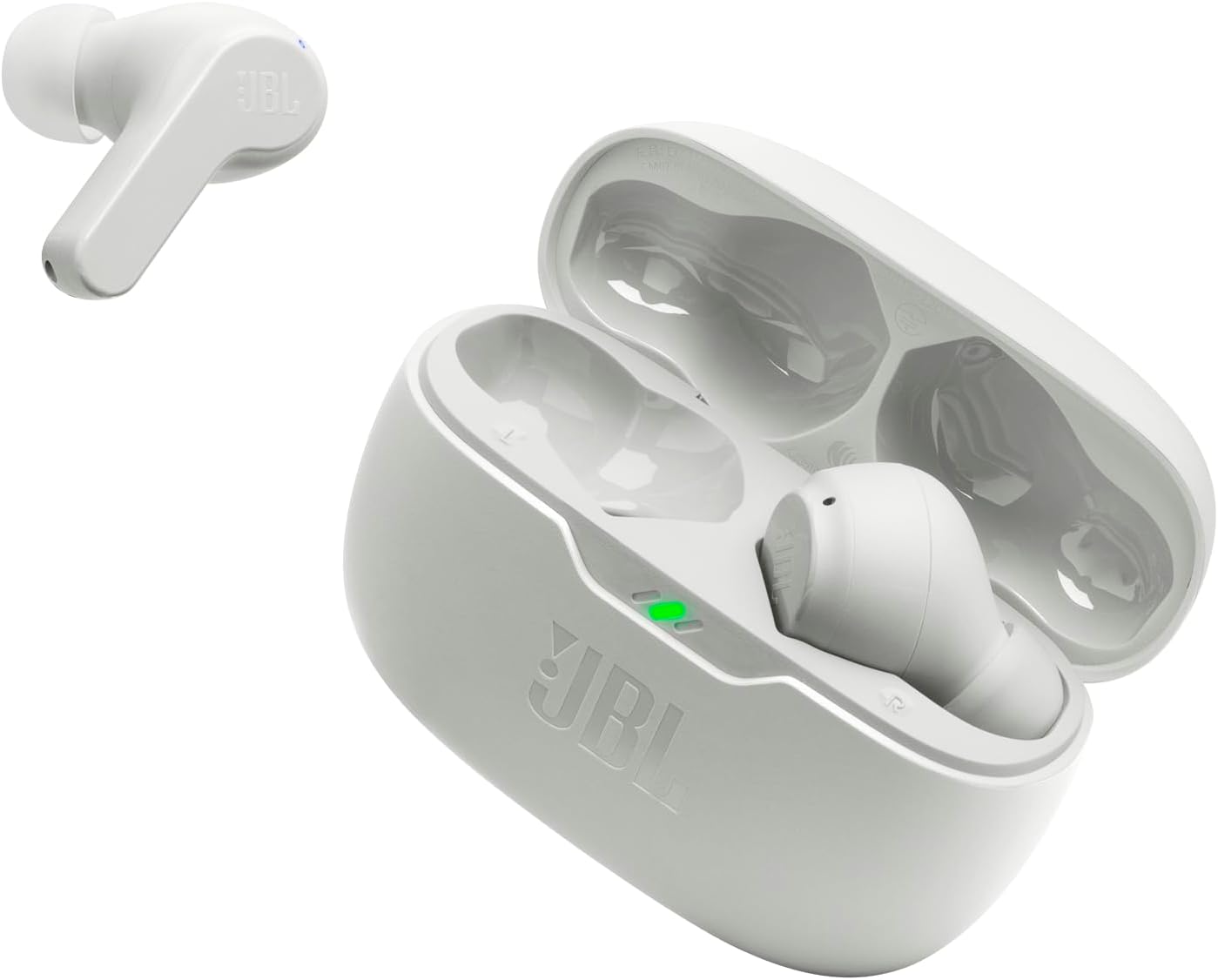 JBL Vibe Beam - True Wireless JBL Deep Bass Sound Earbuds, Bluetooth 5.2, Water & Dust Resistant, Hands-free call with VoiceAware, Up to 32 hours of battery life (White)