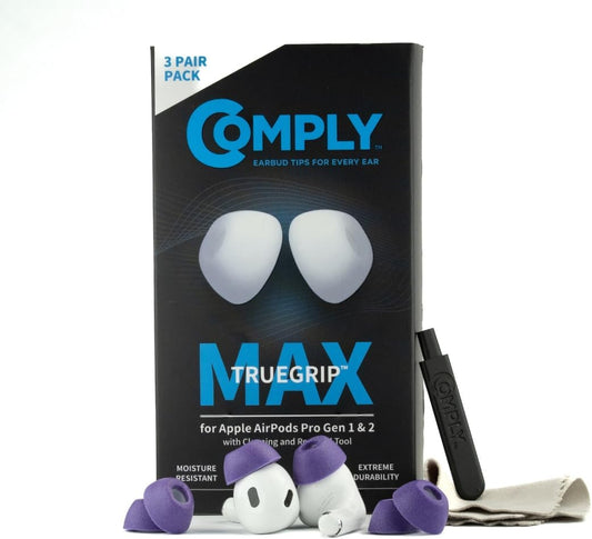 Comply TrueGrip MAX | Premium Memory Foam Replacement Earbud Tips for Apple AirPods Pro 1 & 2 | Long Lasting Comfort, MAX Durability, Secure Fit, Superior Noise Isolation| Purple (S/M/L) (3 Pairs)