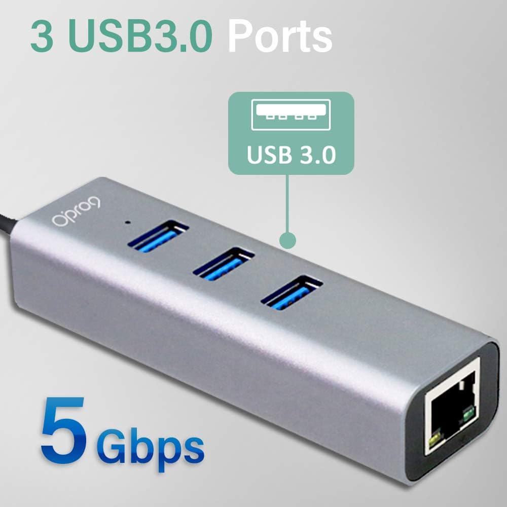 Opro9 4-in-1 USB C to Ethernet Hub, USB OTG Network Adapter, 3xUSB 3.0, Thunderbolt 3, with 10/100/1000 Mpbs RJ45 Gigabit Ethernet LAN Network, Adapter Converter for Mac/Windows/OS/Linux and More