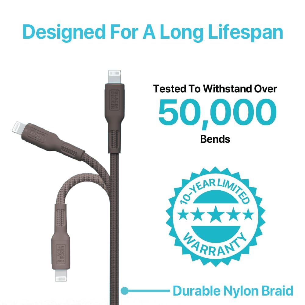 BLACK+DECKER Lightning to USB Cable - Fast Compatible iPhone Lightning Cable - Durable Braided iPhone Charger Cord - for Travel and Daily Use - Multiple Color + Length Options - 9ft