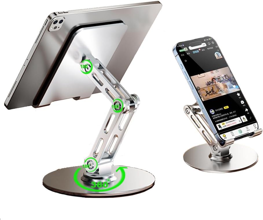 Adjustable Tablet Stand for Desk,for ipad Stand,for 4.7-12.9 Inch Devices,360° Rotating Aluminum Alloy,Silver Compatible with ipad Tablet Kindle TAB Surface Cell Phone Stand Holder for Desk