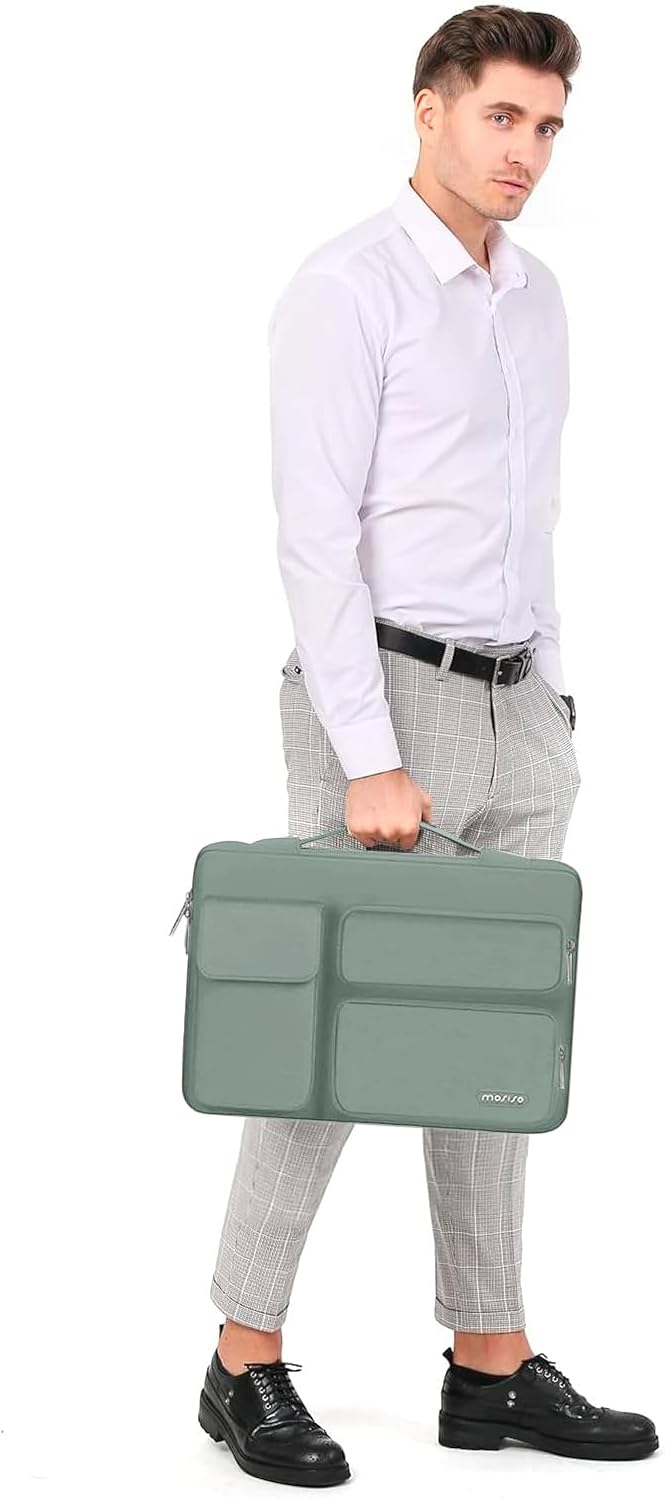 MOSISO 360 Protective Laptop Case 15 inch, Laptop Sleeve Compatible with MacBook Air 15 M4 A3241 M3 A3114 M2 A2941 2025-2023, Dell XPS 15, Side Open Bag with 2 Raised&1 Flapover Pockets, Antique Green