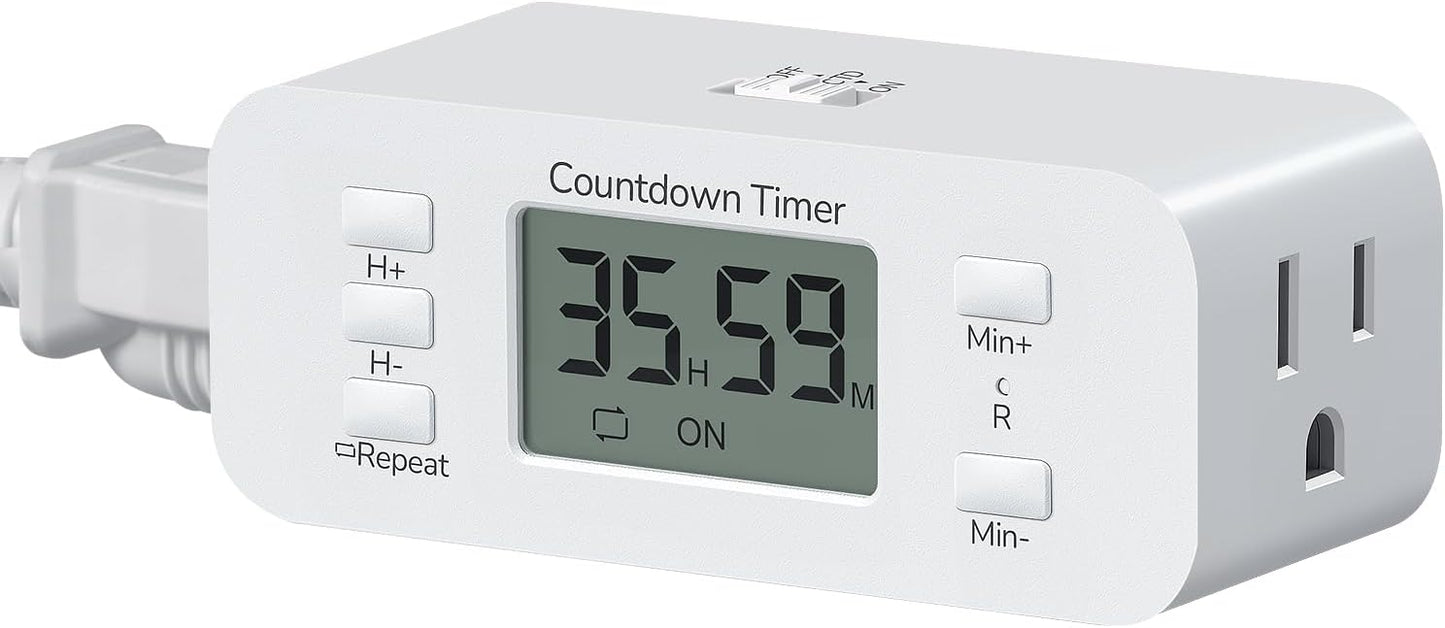 DEWENWILS 36 Hours Countdown Timer Outlet, Timers for Electrical Outlets Indoor, Large Screen & Repeat Function, Grounded Outlet, Auto Shut Off for Fan, Lights, Charger, 125V 60Hz, 1 Pack