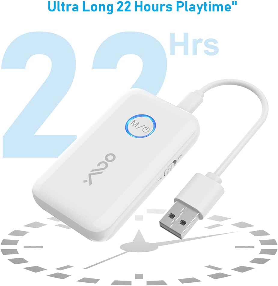 YMOO Bluetooth 5.3 Transmitter Receiver for 2 Wireless Headphones/Speaker/Airplane, 3.5mm Jack AUX Bluetooth Audio Adapter, 22h Long Range AptX Low Latency for Smarphone/Tablet/PC/TV/Home Stereo